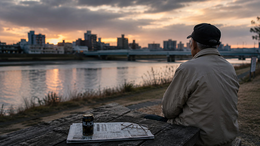 川沿いには、缶コーヒーを持った老人たちが立っている